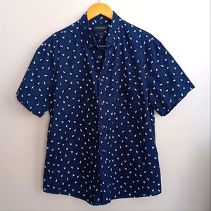 Banana Republic Mens Shirt Navy White Bird Print Short Sleeve Button Down Cotton